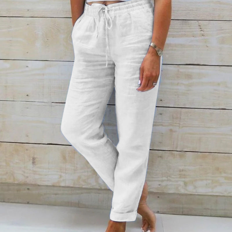 Damen-Leinenhose - Elastischer Bund mit Taschen