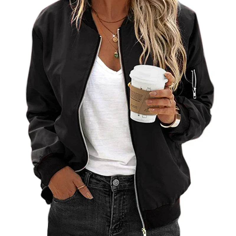 Women's Lightweight Bomber Jacket - Zipper & Sleeve Pocket