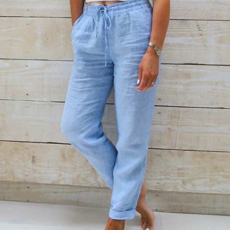 Damen-Leinenhose - Elastischer Bund mit Taschen