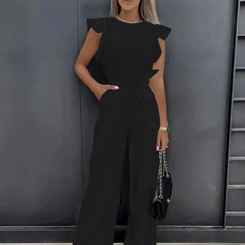 Damen-Jumpsuit mit weitem Bein - Hohe Taille mit Rüschenärmeln