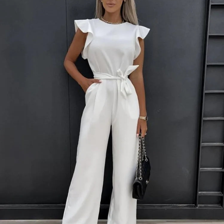 Damen-Jumpsuit mit weitem Bein - Hohe Taille mit Rüschenärmeln