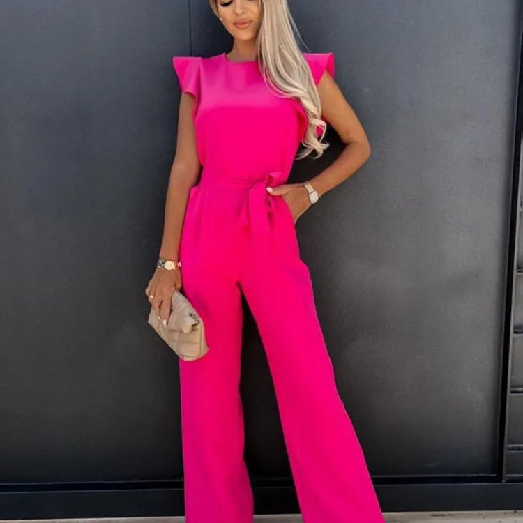 Damen-Jumpsuit mit weitem Bein - Hohe Taille mit Rüschenärmeln