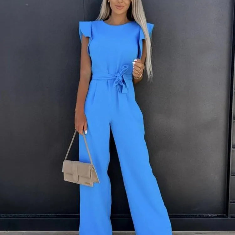 Damen-Jumpsuit mit weitem Bein - Hohe Taille mit Rüschenärmeln