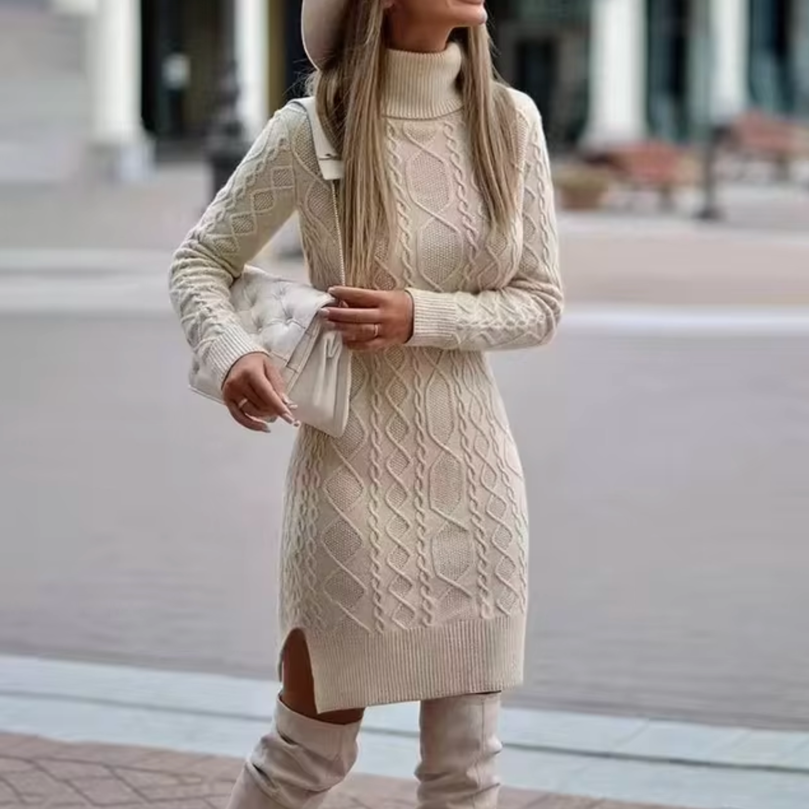 Damen Zopfstrick Pulloverkleid - Langärmelig & Rollkragen