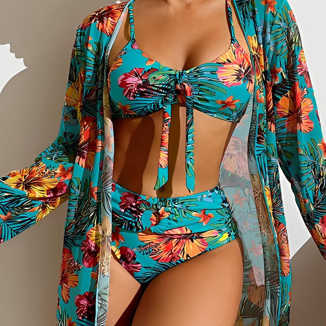 Damen 3-Teiliges Bikini-Set - Blumen-Badeanzug mit Kimono