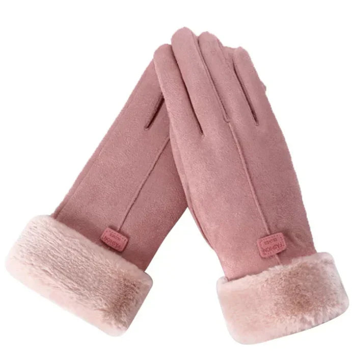 Women's winter gloves - smooth surface and fluffy cuff