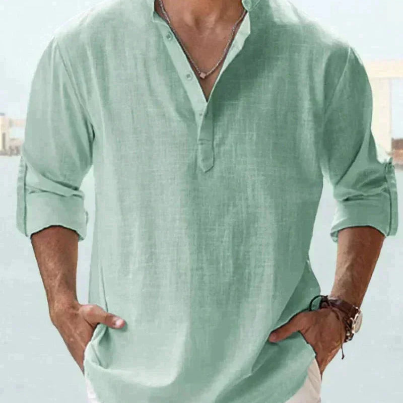 Herren Leinen-Hemd - Stehkragen mit verstellbaren Ärmeln