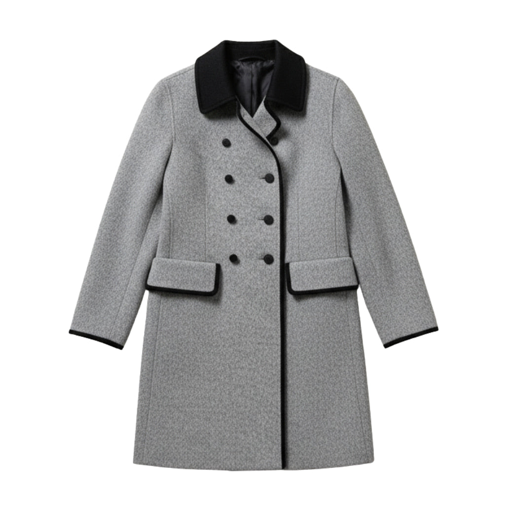 Women's Double-Breasted Coat - Contrast Trim with Notch Lapel