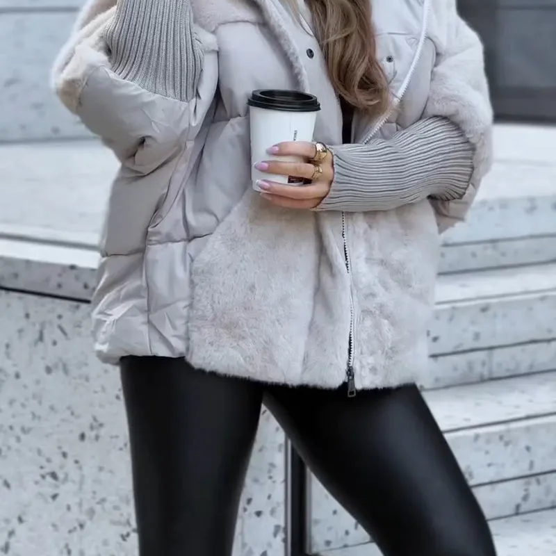 Women's Fluffy Quilted Jacket - Ribbed Sleeves with Hood