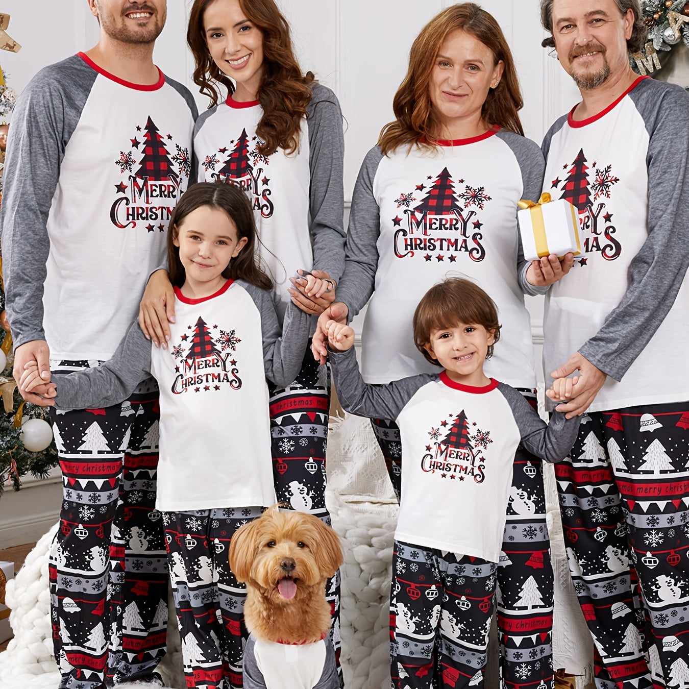 Pijama familiar navideño gris unisex - camiseta raglán y pantalón con estampado festivo