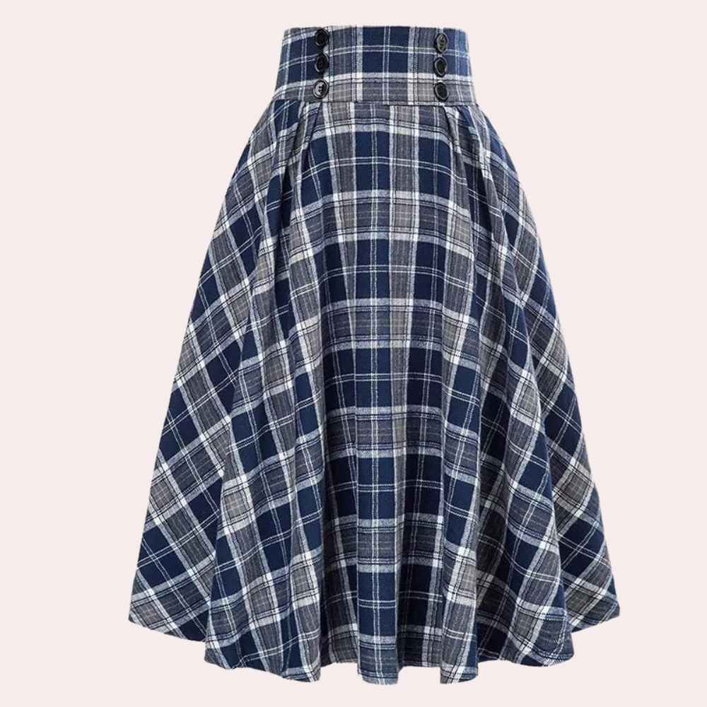 Women's High-Waisted Pleated Skirt - A-Line Midi with Button Details