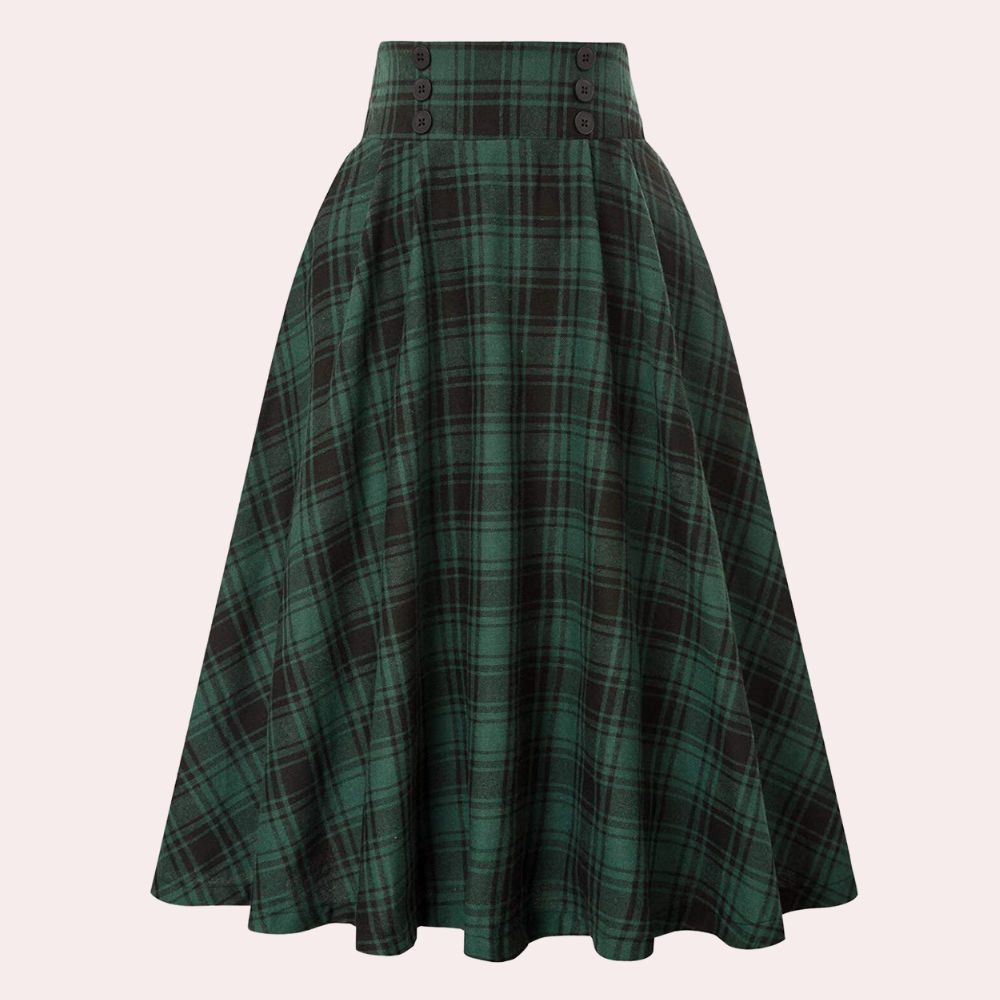 Women's High-Waisted Pleated Skirt - A-Line Midi with Button Details