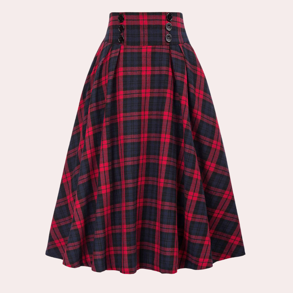 Women's High-Waisted Pleated Skirt - A-Line Midi with Button Details