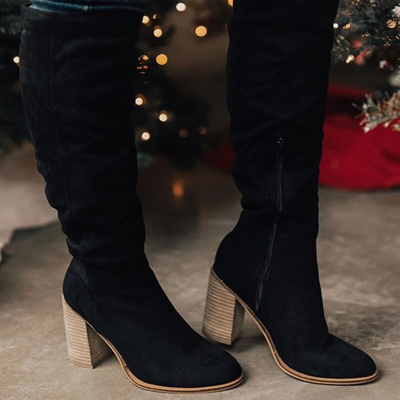 Women's Knee-High Slouch Boots - With Block Heel