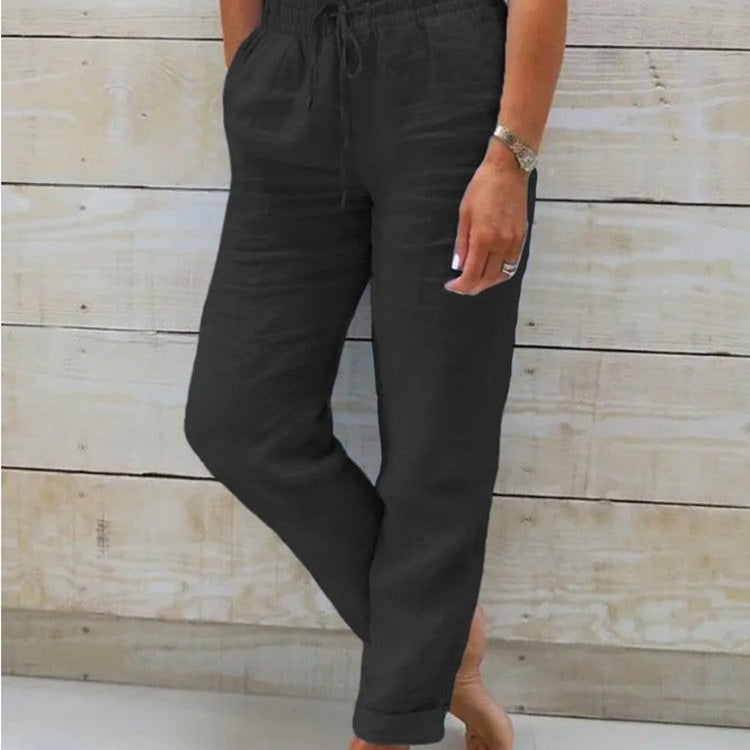 Damen-Leinenhose - Elastischer Bund mit Taschen