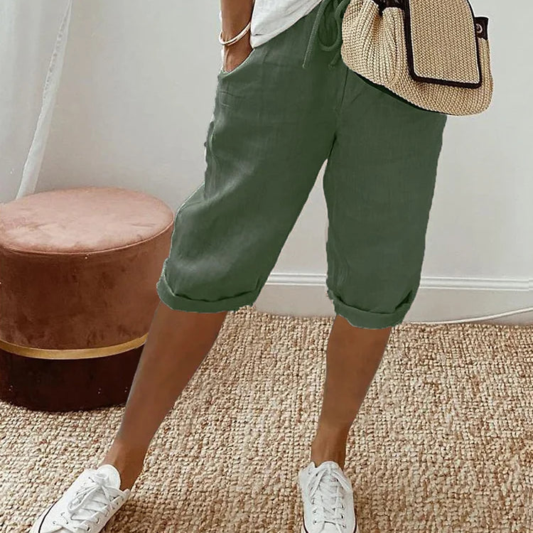 Damen Leinen-Shorts - Kordelzug-Taille mit umgeschlagenem Saum