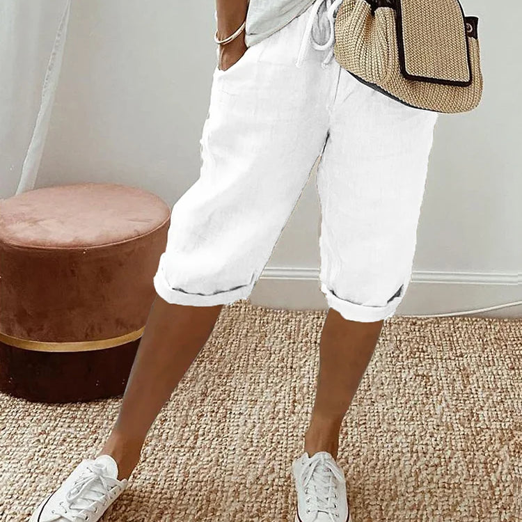 Damen Leinen-Shorts - Kordelzug-Taille mit umgeschlagenem Saum