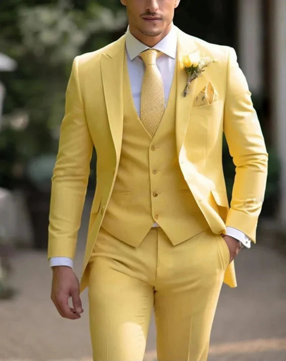 Piece Coat Pant Golden Colour Men's 3-piece Wedding Suit Set