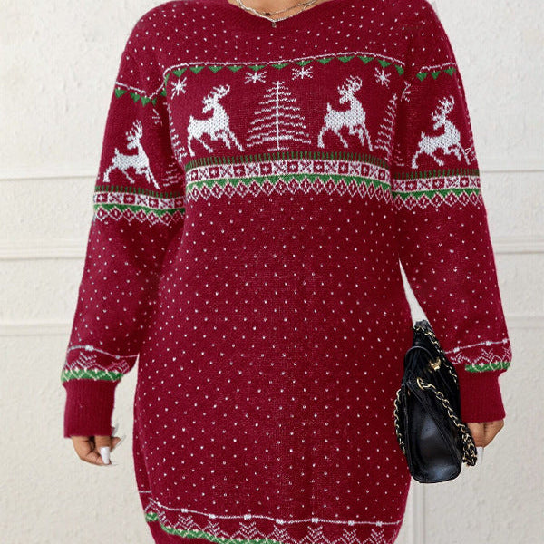 Damen Weihnachts-Strickkleid - Rentier und Tannenbaum Muster
