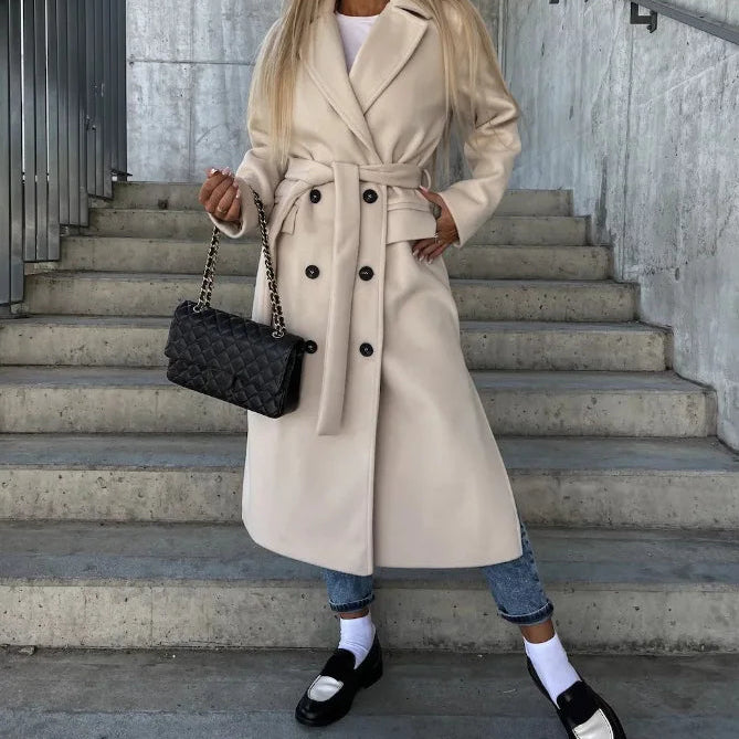 Damen Langer Wintermantel – Zweireiher mit Gürtel