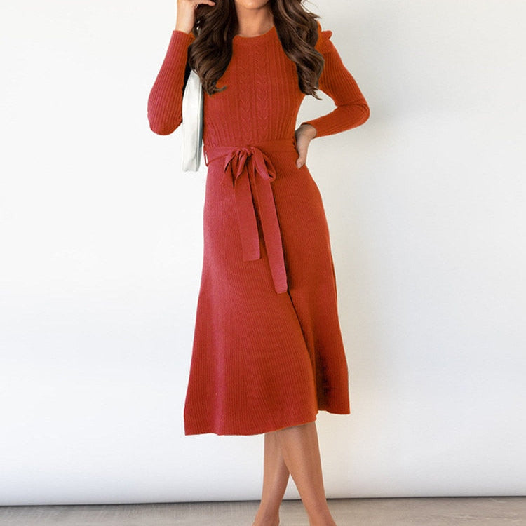 Damen Langarm Gestricktes Jumper-Kleid - A-Linie & Mit Gürtel