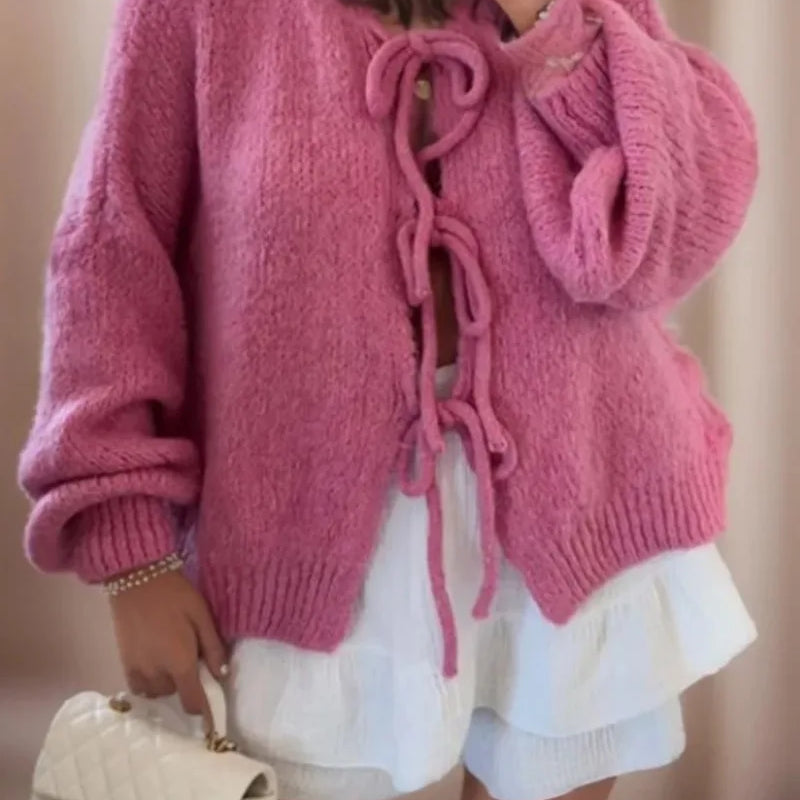 Damen Strick-Cardigan - Ballonärmel mit Schleifenverschluss