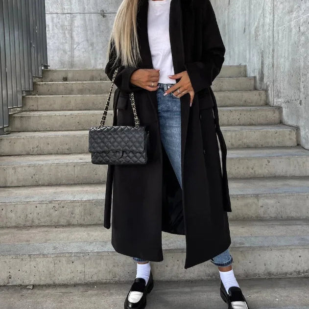 Damen Langer Wintermantel – Zweireiher mit Gürtel