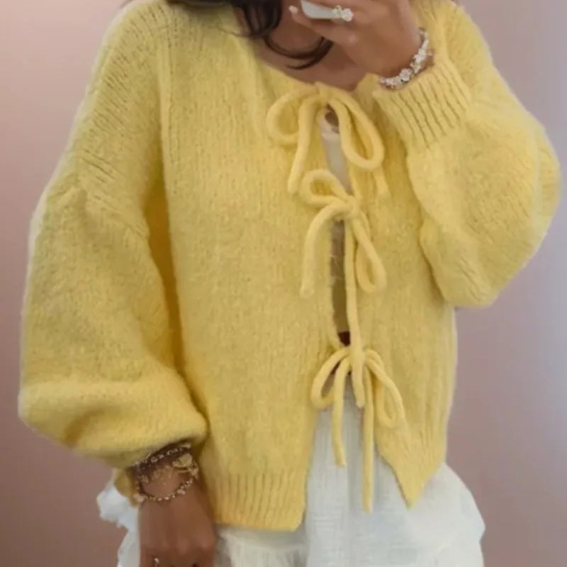 Damen Strick-Cardigan - Ballonärmel mit Schleifenverschluss
