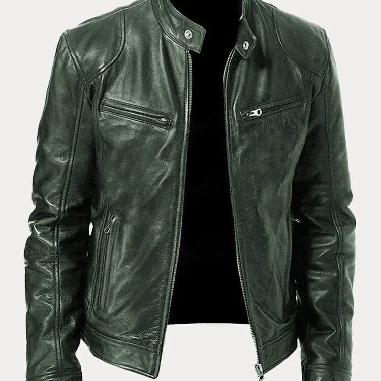 Men's Textured Biker Jacket - Stand Collar with Zipper Pockets