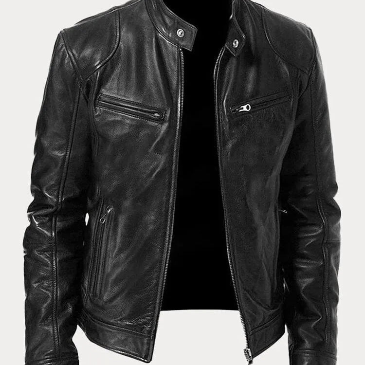 Men's Textured Biker Jacket - Stand Collar with Zipper Pockets