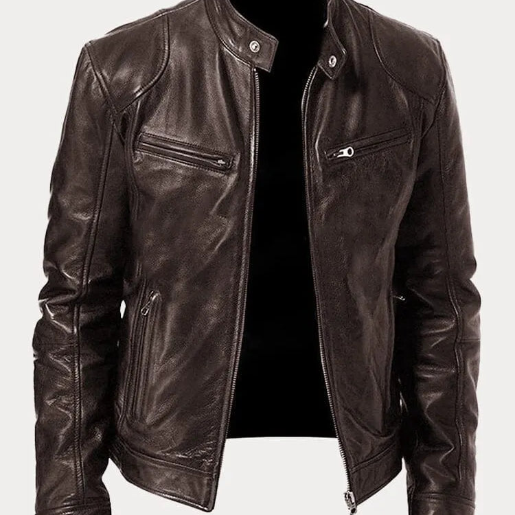 Men's Textured Biker Jacket - Stand Collar with Zipper Pockets
