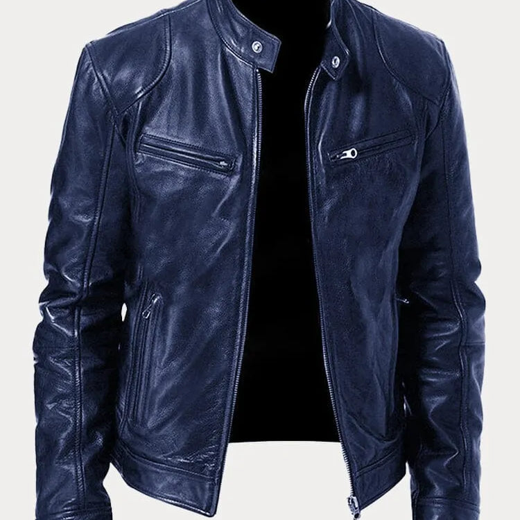 Men's Textured Biker Jacket - Stand Collar with Zipper Pockets