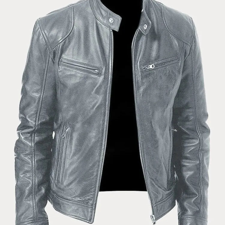 Men's Textured Biker Jacket - Stand Collar with Zipper Pockets