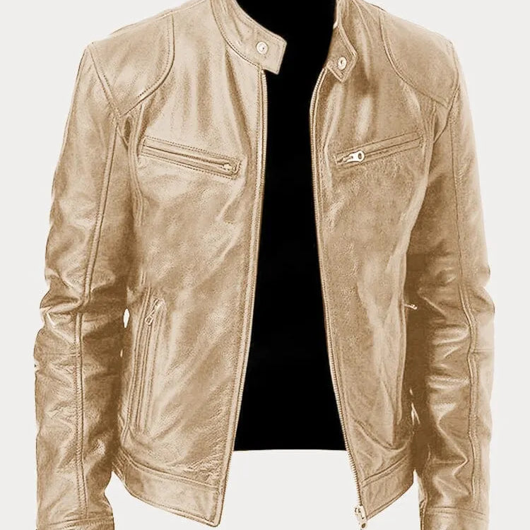Men's Textured Biker Jacket - Stand Collar with Zipper Pockets
