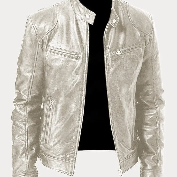Men's Textured Biker Jacket - Stand Collar with Zipper Pockets