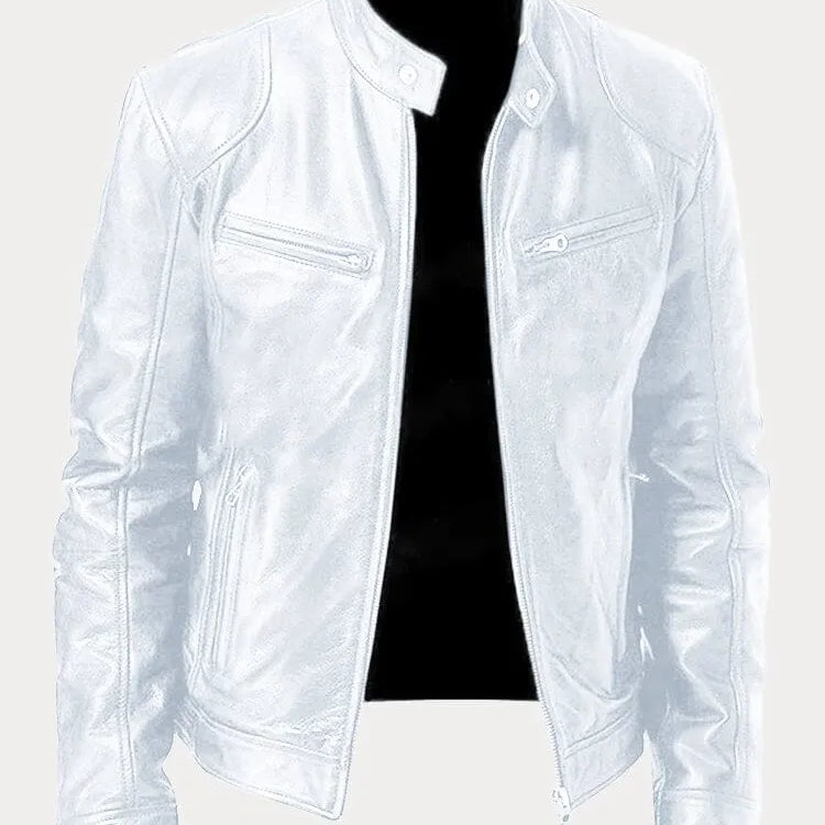 Men's Textured Biker Jacket - Stand Collar with Zipper Pockets