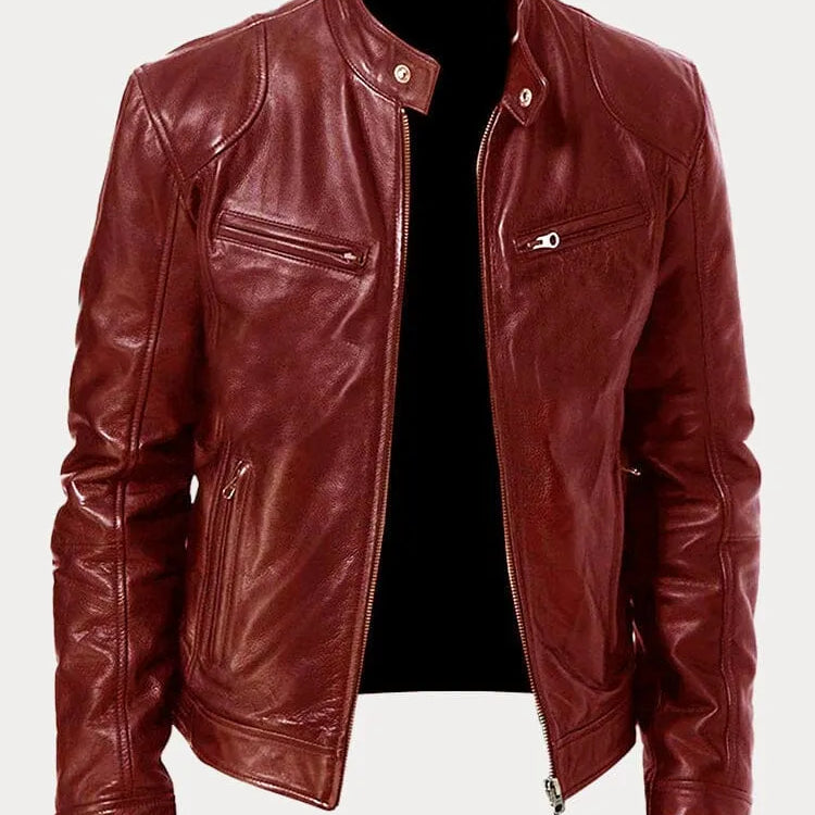 Men's Textured Biker Jacket - Stand Collar with Zipper Pockets