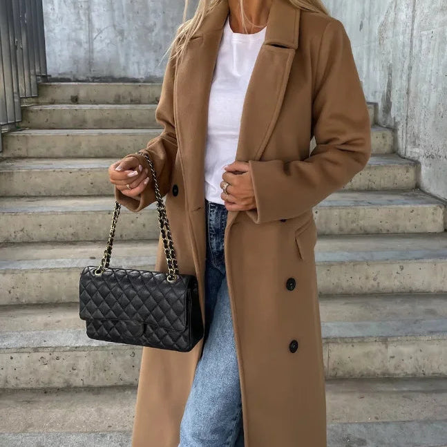 Damen Langer Wintermantel – Zweireiher mit Gürtel