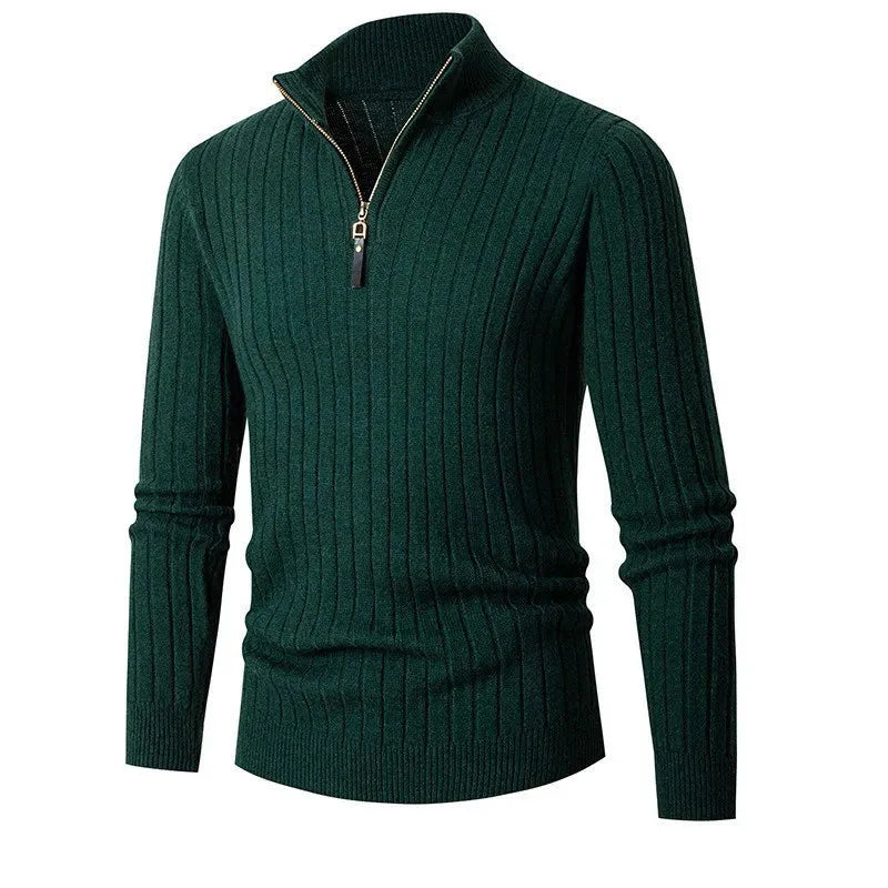 Herren Halb-Reißverschluss Strickpullover – Geripptes Oberteil mit Hochkragen