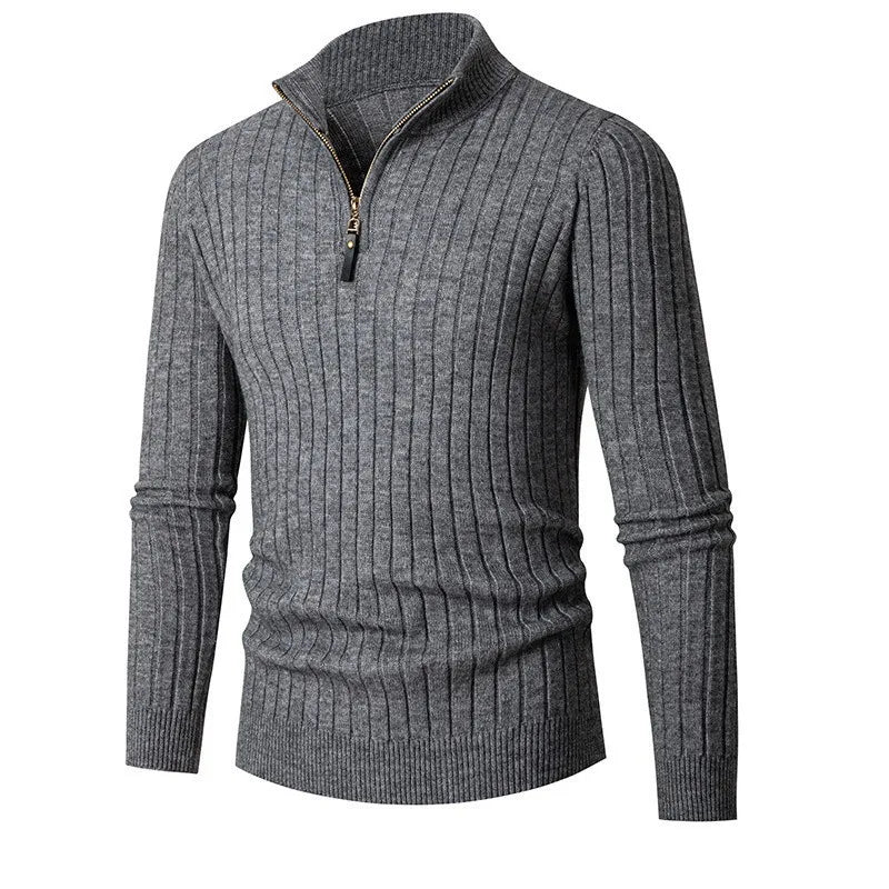 Herren Halb-Reißverschluss Strickpullover – Geripptes Oberteil mit Hochkragen