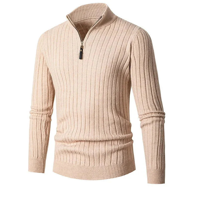 Herren Halb-Reißverschluss Strickpullover – Geripptes Oberteil mit Hochkragen