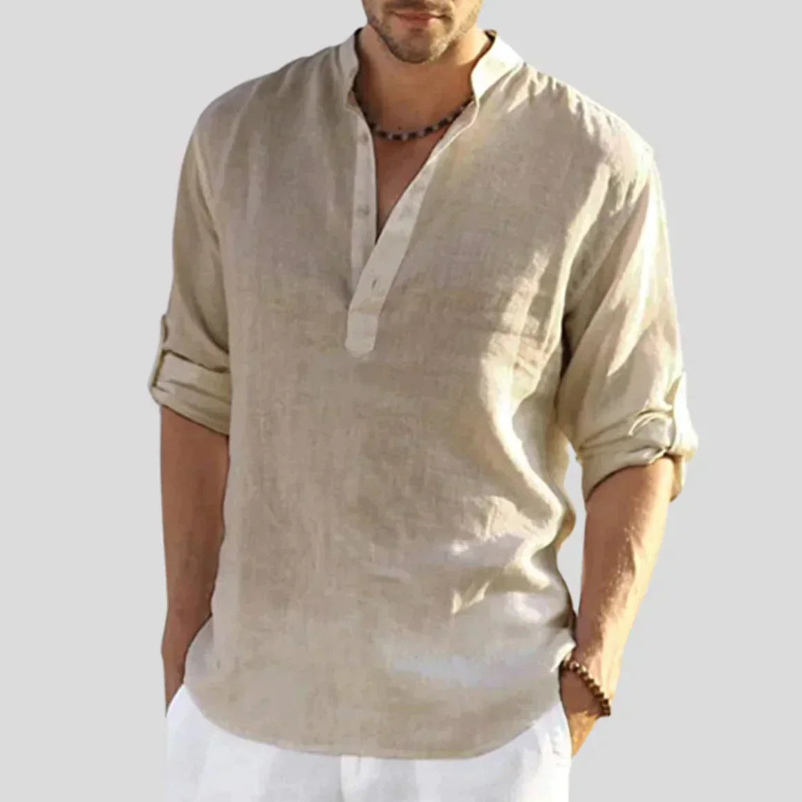 Herren Leinenhemd - Hochrollbare Ärmel mit Chinesischem Kragen