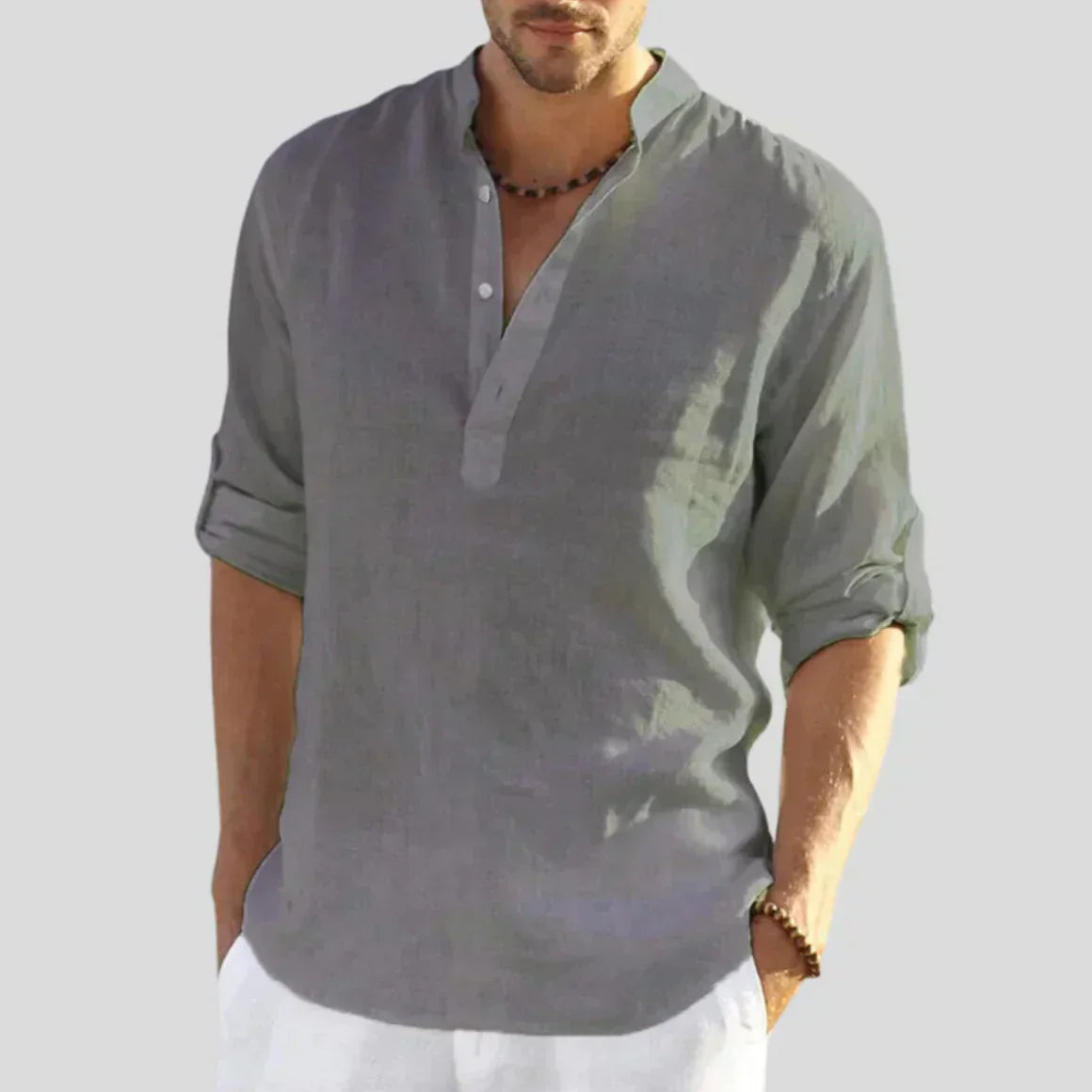 Herren Leinenhemd - Hochrollbare Ärmel mit Chinesischem Kragen