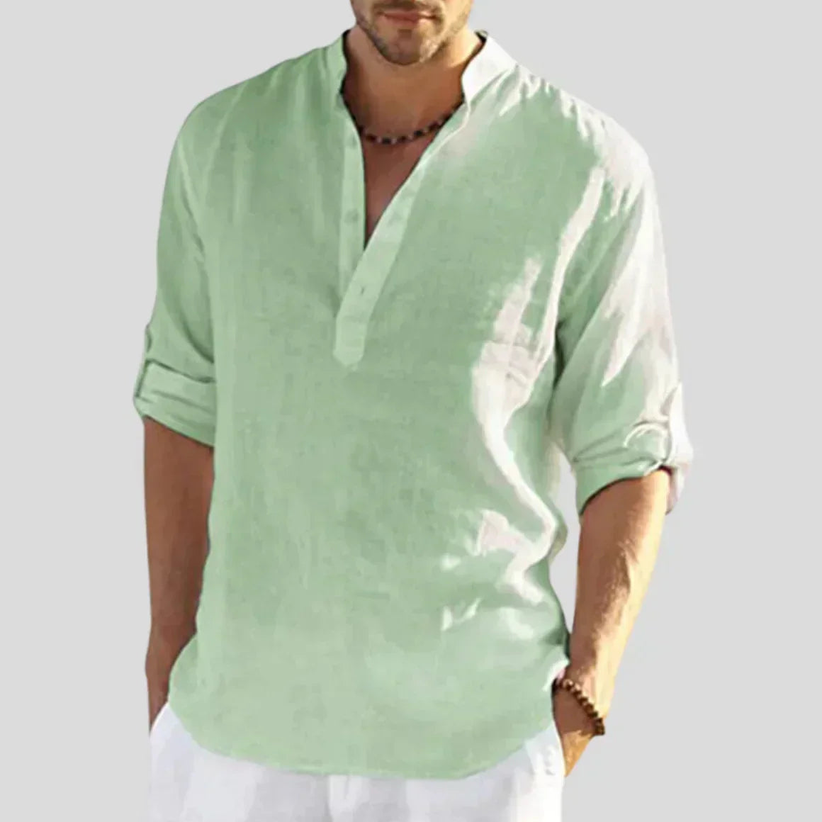 Herren Leinenhemd - Hochrollbare Ärmel mit Chinesischem Kragen