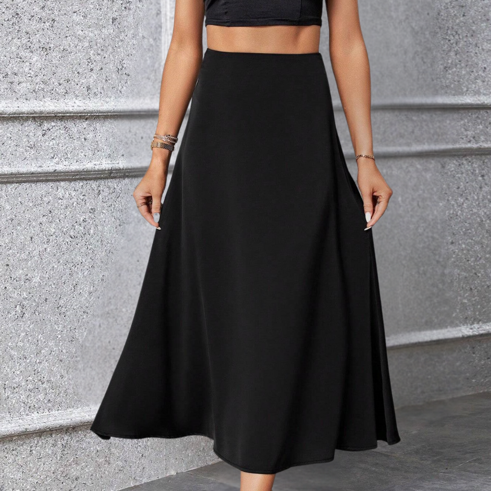 Falda midi fluida negra para mujer - Silueta en línea A