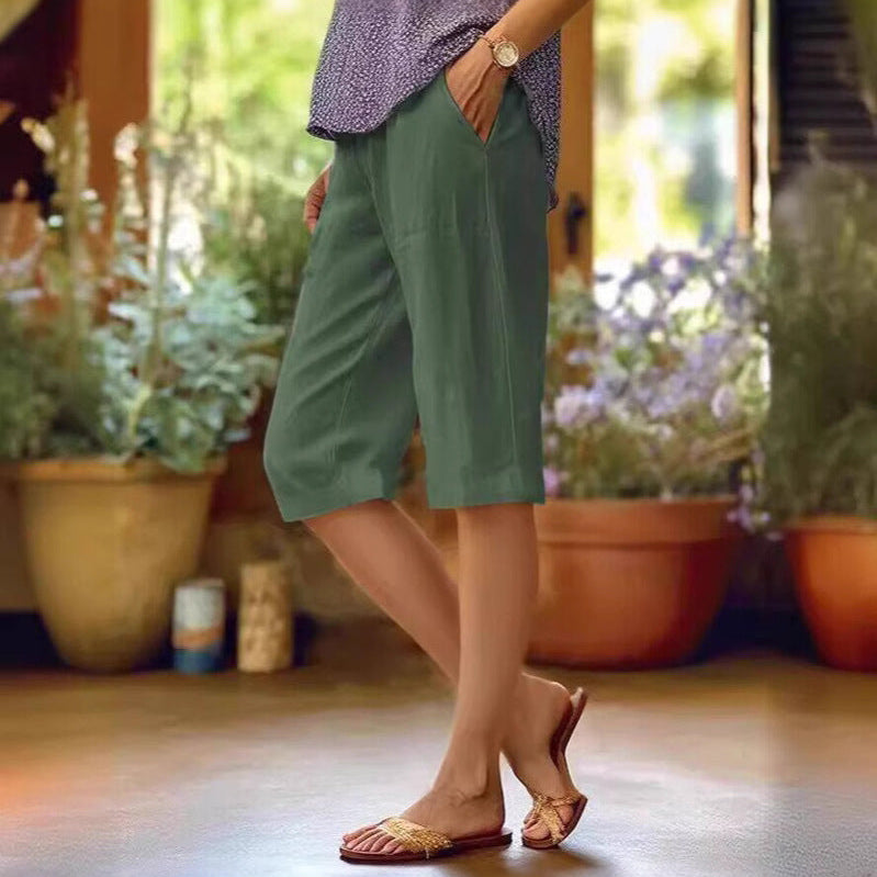 Damen Leinen-Shorts Lockerer Schnitt und Elastischer Bund