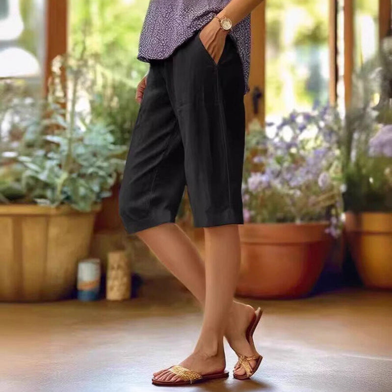Damen Leinen-Shorts Lockerer Schnitt und Elastischer Bund