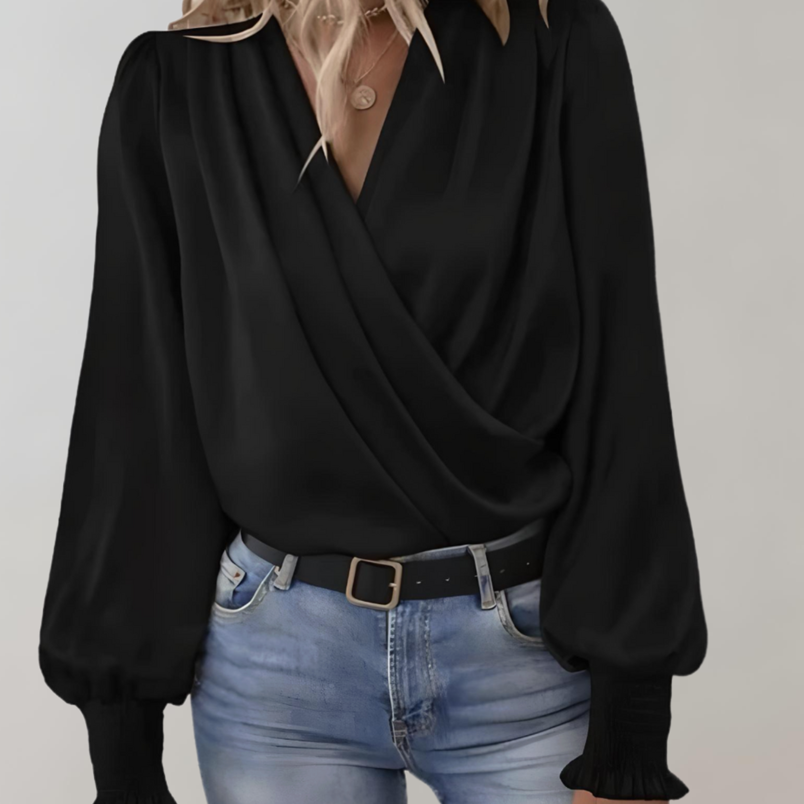 Women's V-neck Wrap Blouse - Flowing with Gathered Sleeves Top