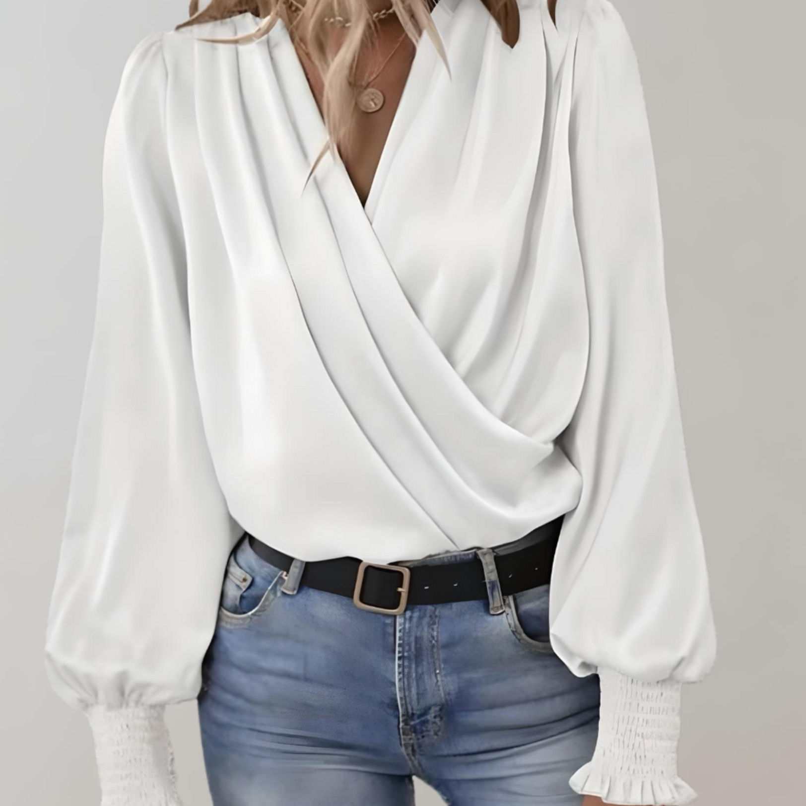Women's V-neck Wrap Blouse - Flowing with Gathered Sleeves Top