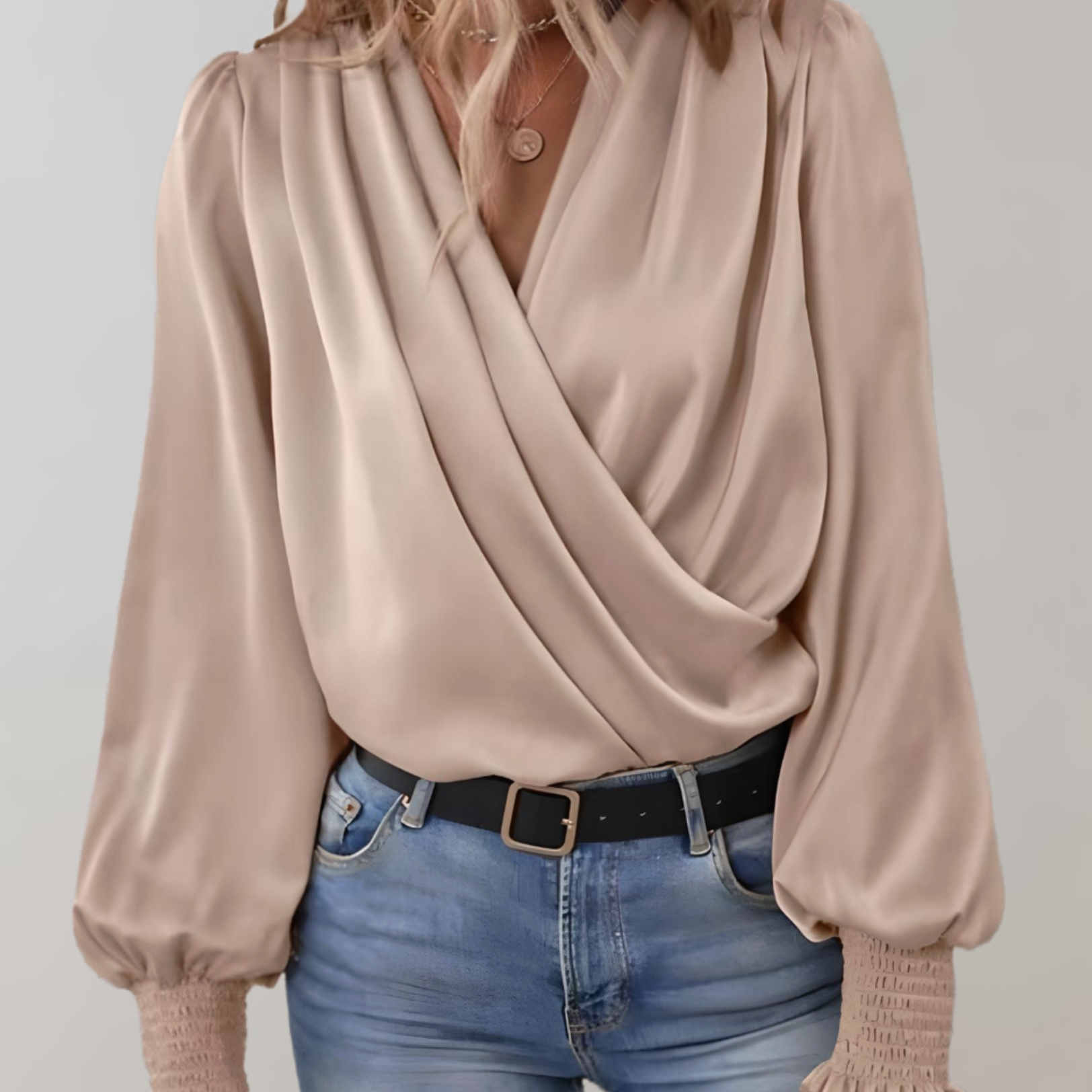 Women's V-neck Wrap Blouse - Flowing with Gathered Sleeves Top